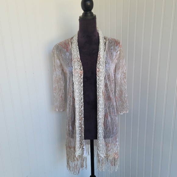 Chicos Sweater Women 0 Beige Linen Blend Fringe Open Front Coastal XS 4-6 - Picture 1 of 14